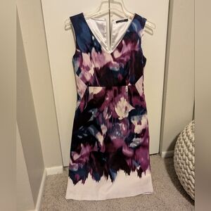 Tahari Purple and Blue Floral Midi Sheath Dress